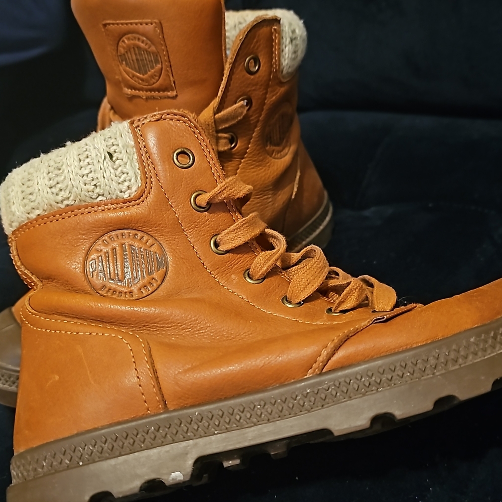 Palladium Tan Leather Boots with Knit Cuff